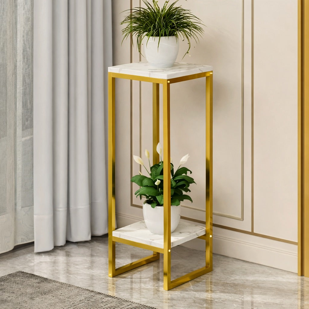 Suport ornamente - flori 2 niveluri metal auriu blat tip marmura 75x30 cm - Gradina si exterior