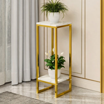 Suport ornamente - flori 2 niveluri metal auriu blat tip marmura 75x30 cm - Gradina si exterior