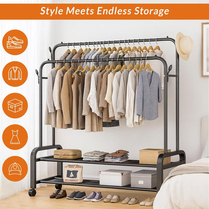 Suport Umerașe/Portant Haine Dublu cu Rafturi și Roți – Organizator Metalic 109×57×160 cm, Negru