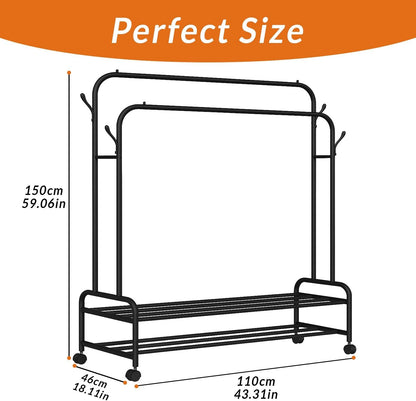 Suport Umerașe/Portant Haine Dublu cu Rafturi și Roți – Organizator Metalic 109×57×160 cm, Negru