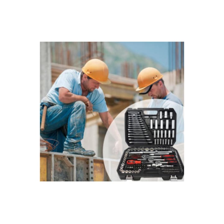 Trusă Chei Tubulare & Chei Fixe 216 Piese din Oțel Cr-V – Profesională, Completă, cu Clichet