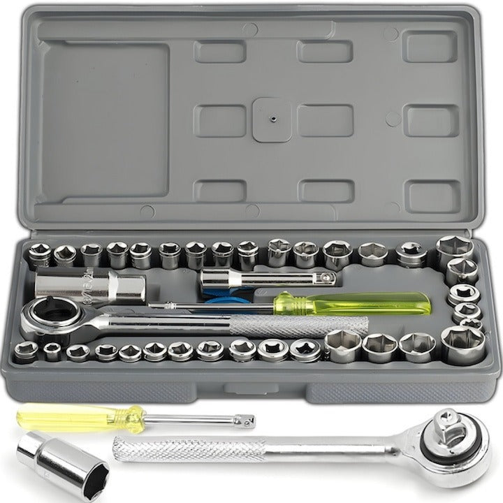 Trusă Scule 40 Piese Cr-V cu Clichet, Capete Tubulare Metrice & SAE, Adaptor și Prelungitor