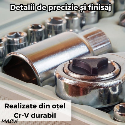 Trusă Scule 40 Piese Cr-V cu Clichet, Capete Tubulare Metrice & SAE, Adaptor și Prelungitor