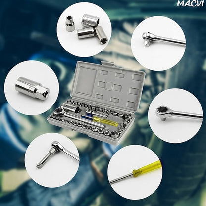 Trusă Scule 40 Piese Cr-V cu Clichet, Capete Tubulare Metrice & SAE, Adaptor și Prelungitor