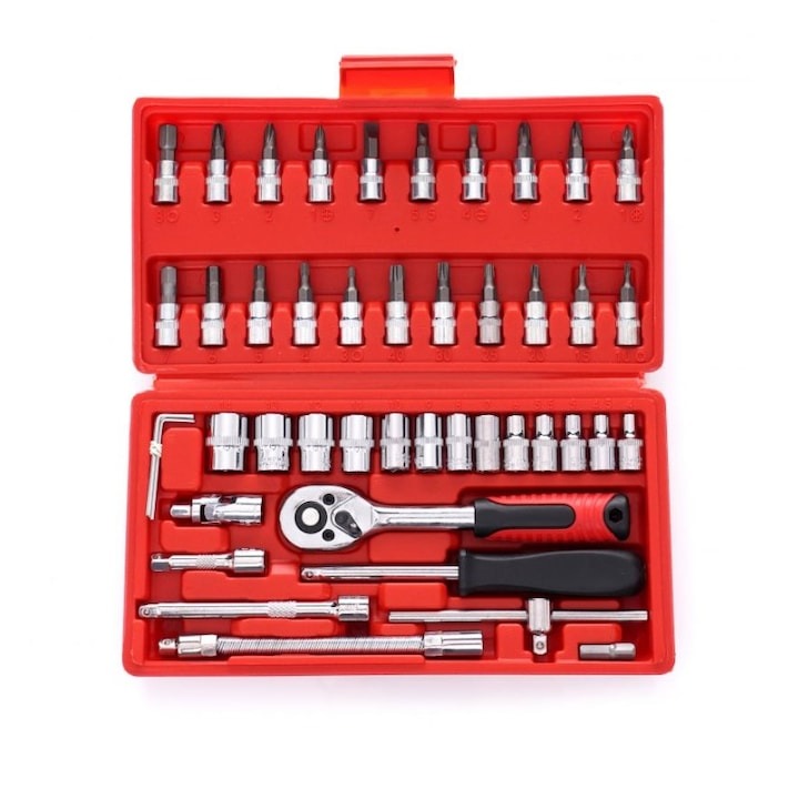 Trusa scule 46 piese crom vanadiu cu clichet 1/4 set chei tubulare biti - Auto si moto