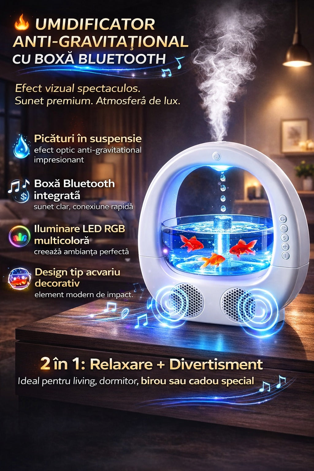 Umidificator 6 in 1 cu bol decorativ boxa Bluetooth lumina RGB 700ml - Cadoul Ideal - Curatenie si intretinere