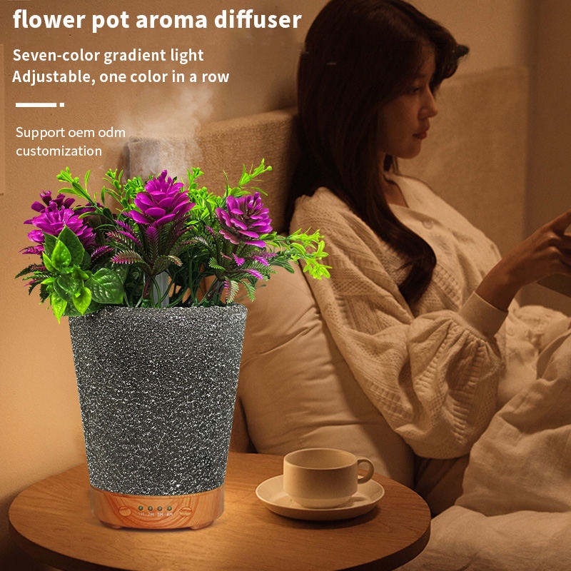 Umidificator/difuzor aroma tip ghiveci - 7 culori LED, programabil, oprire automata - Electronice si gadgeturi