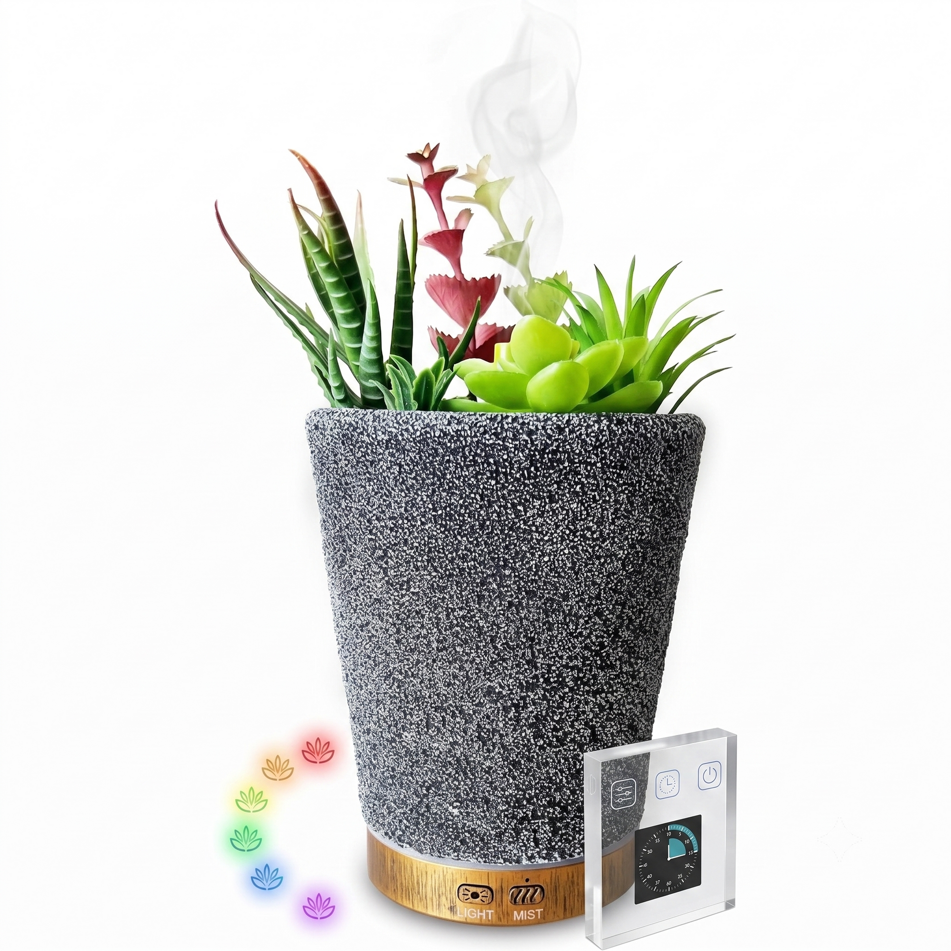 Umidificator/difuzor aroma tip ghiveci - 7 culori LED, programabil, oprire automata - Electronice si gadgeturi